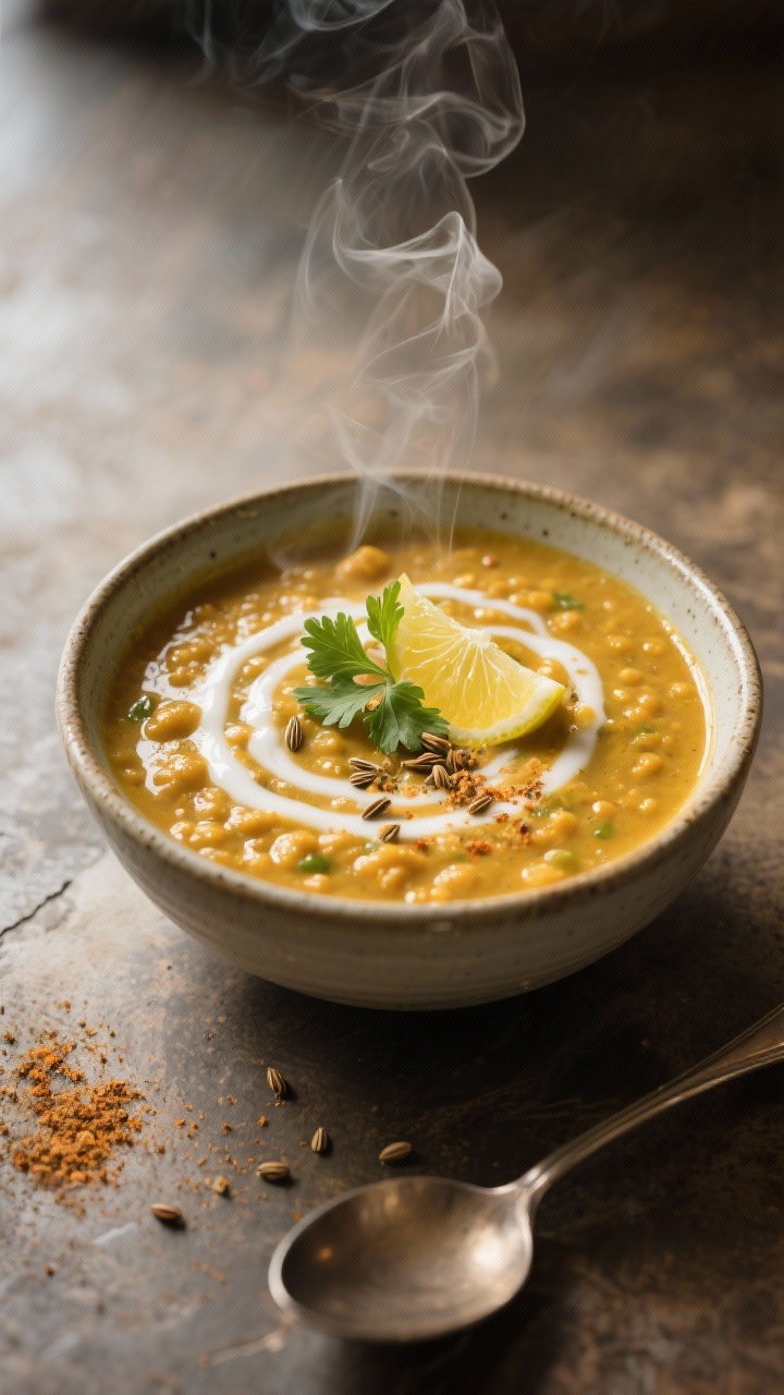 Final plated hero: Restaurant-quality presentation of extra-creamy dal in a shallow ceramic bowl, pa