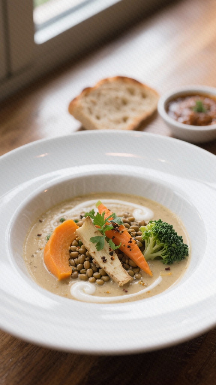 Final plated hero shot: Restaurantreife Präsentation einer tiefen, weißen Schale mit dem ayurvedis