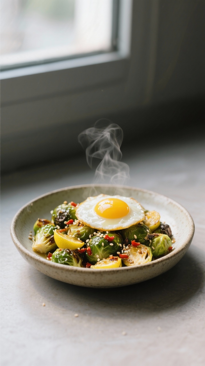 Final plated presentation: Beautifully plated roasted Brussels sprouts in a shallow ceramic bowl, gl