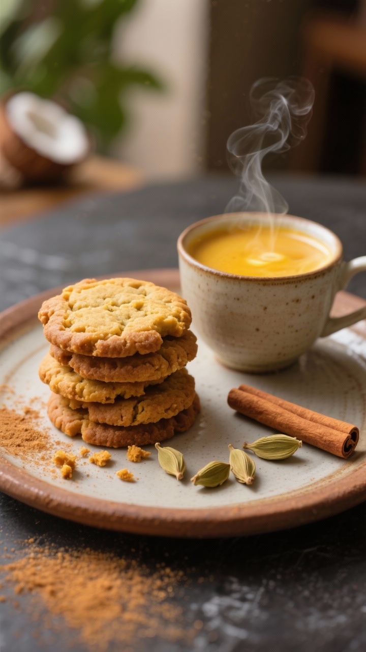 Final presentation: Beautifully plated chai-spice cookies served warm with a steaming cup of masala