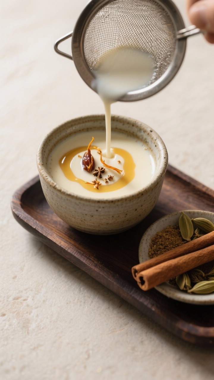 Final presentation: Restaurant-quality plated beverage service—Vata Calm Milk poured through a fin