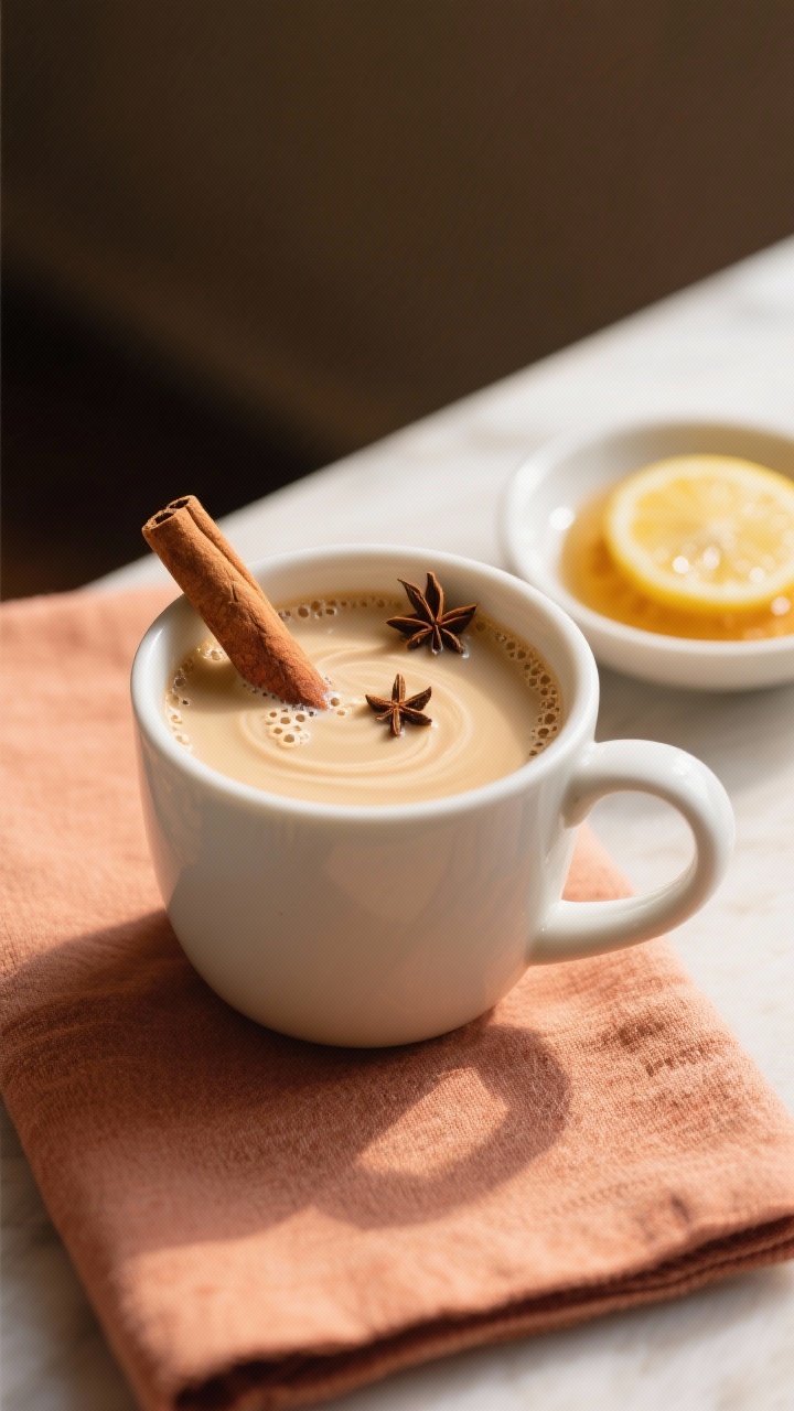Final presentation shot: Creamy Chai-Variante in a simple off-white mug, silky beige tea surface swi