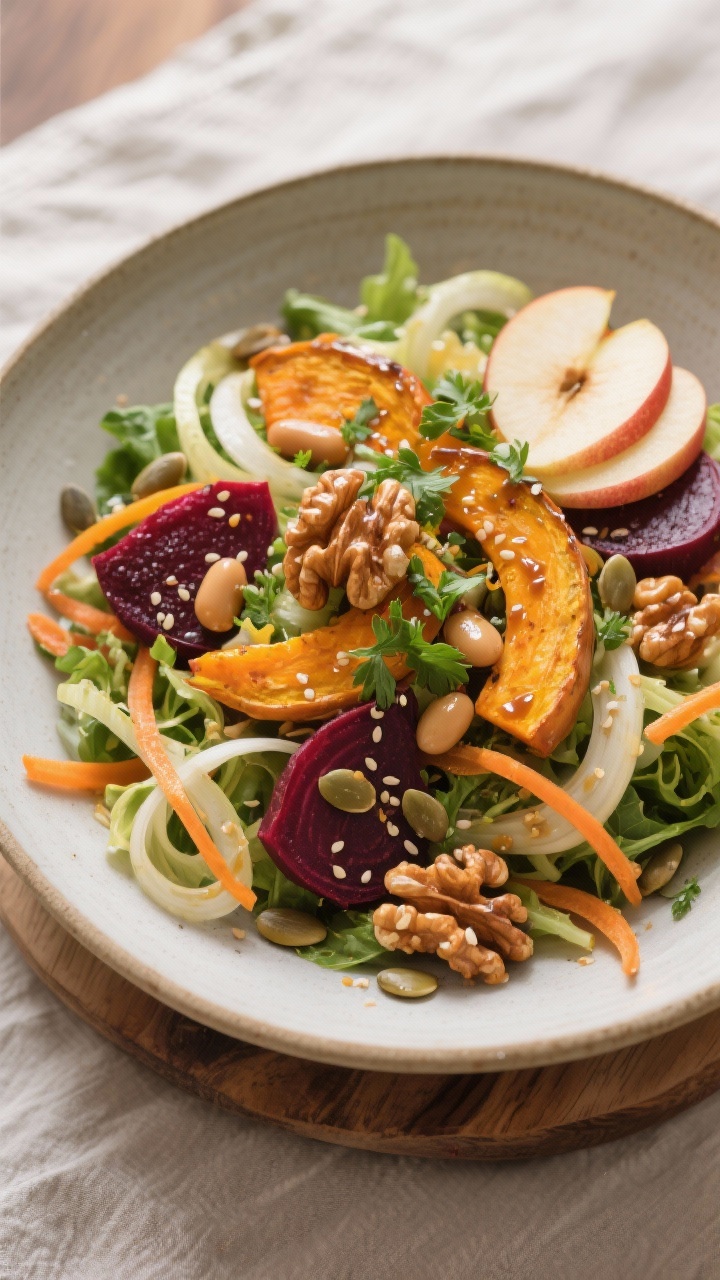 Overhead shot of the final Herbstlicher Ayurveda Salat plated in a wide, shallow ceramic bowl: bed o