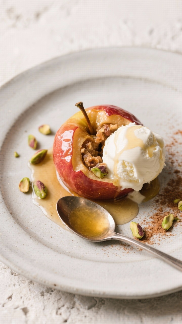 Overhead shot of the final plated Bratapfel served warm with a melting scoop of vanilla ice cream an
