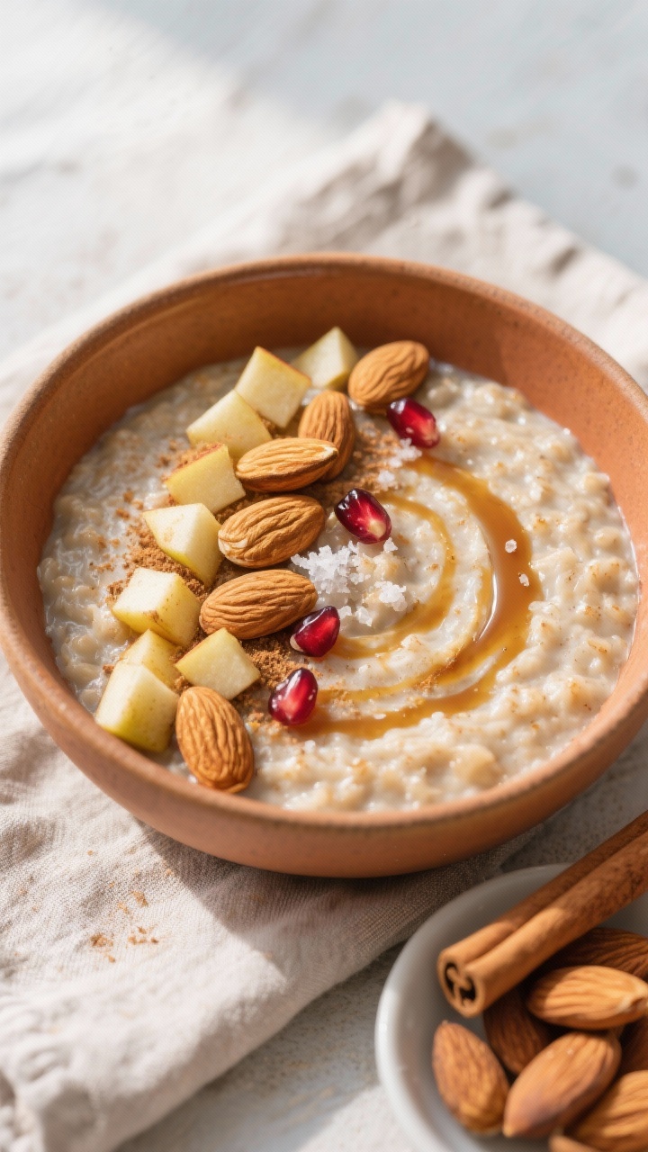 Overhead tasty top view of the final bowl of Winter-Chai-Porridge: thick, velvety porridge swirled w