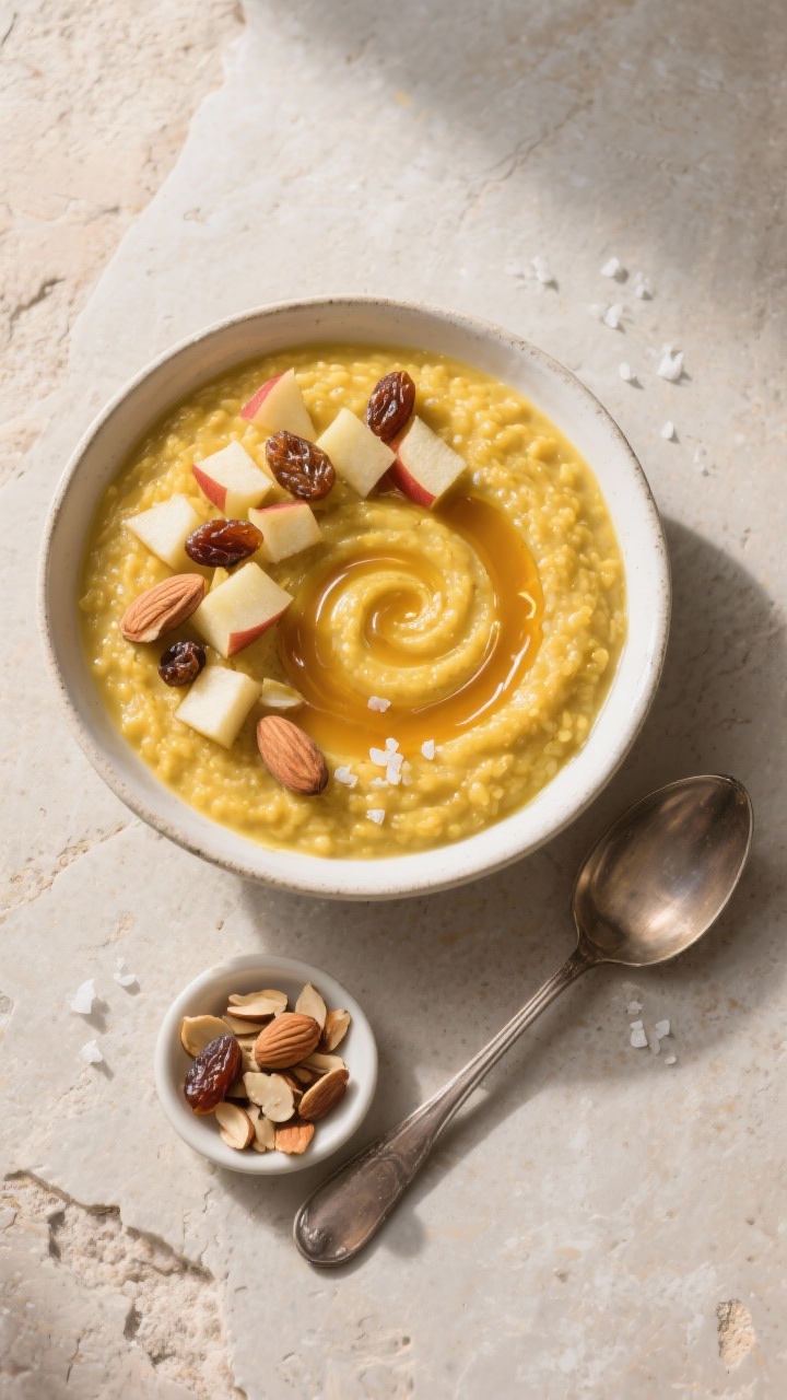 Overhead tasty top view: Overhead shot of the finished Kurkuma-Porridge showing its rich, golden col