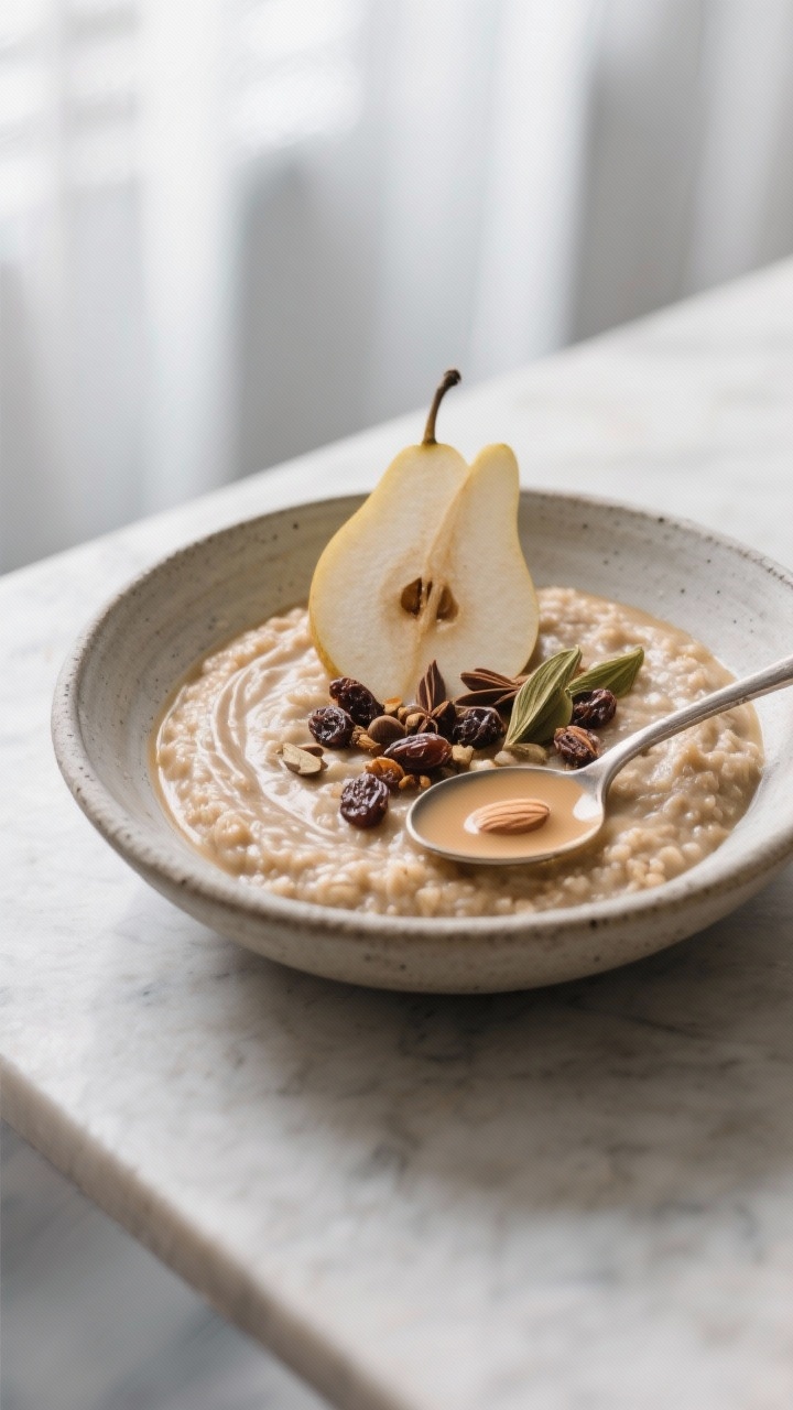 Restaurant-quality plated presentation: Ayurvedic chai-porridge mounded softly in a wide, shallow st