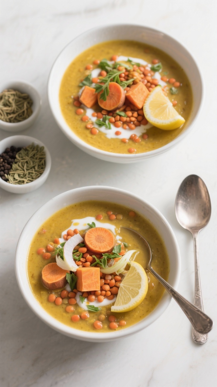 Tasty overhead hero shot: of two bowls of the ayurvedic lentil-vegetable soup showing distinct eleme