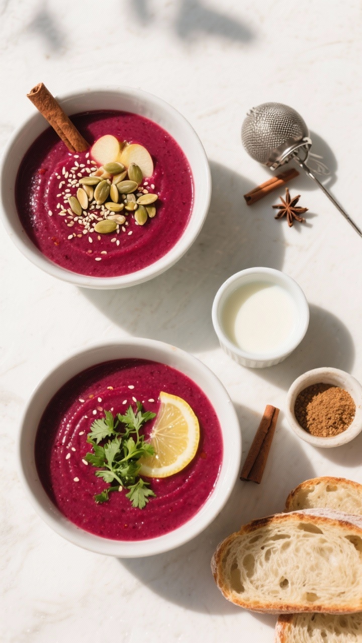Tasty : Overhead shot of two bowls of the beet-apple-clove soup set diagonally, one topped with toas