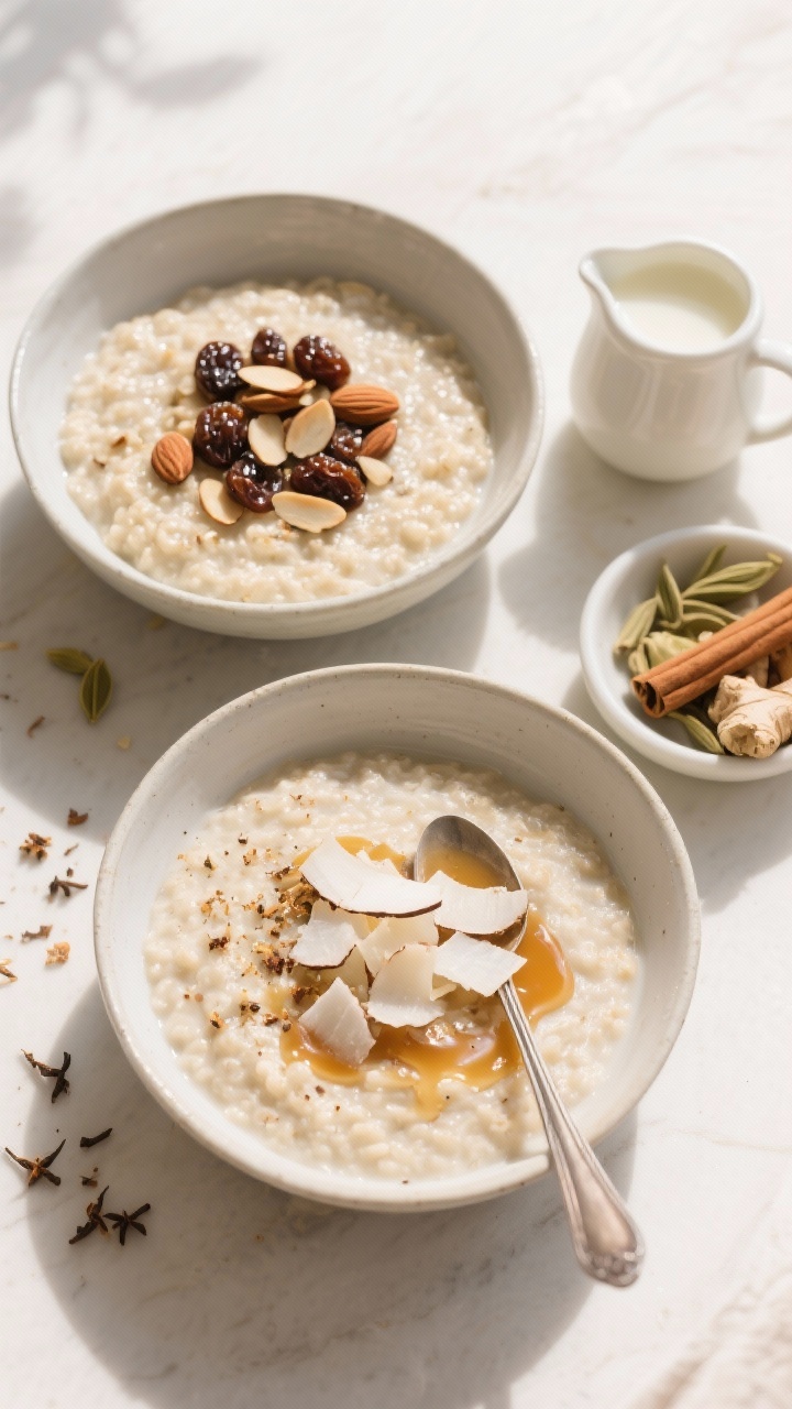 Tasty overhead view: Top-down shot of the finished porridge styled for serving: two bowls side by si
