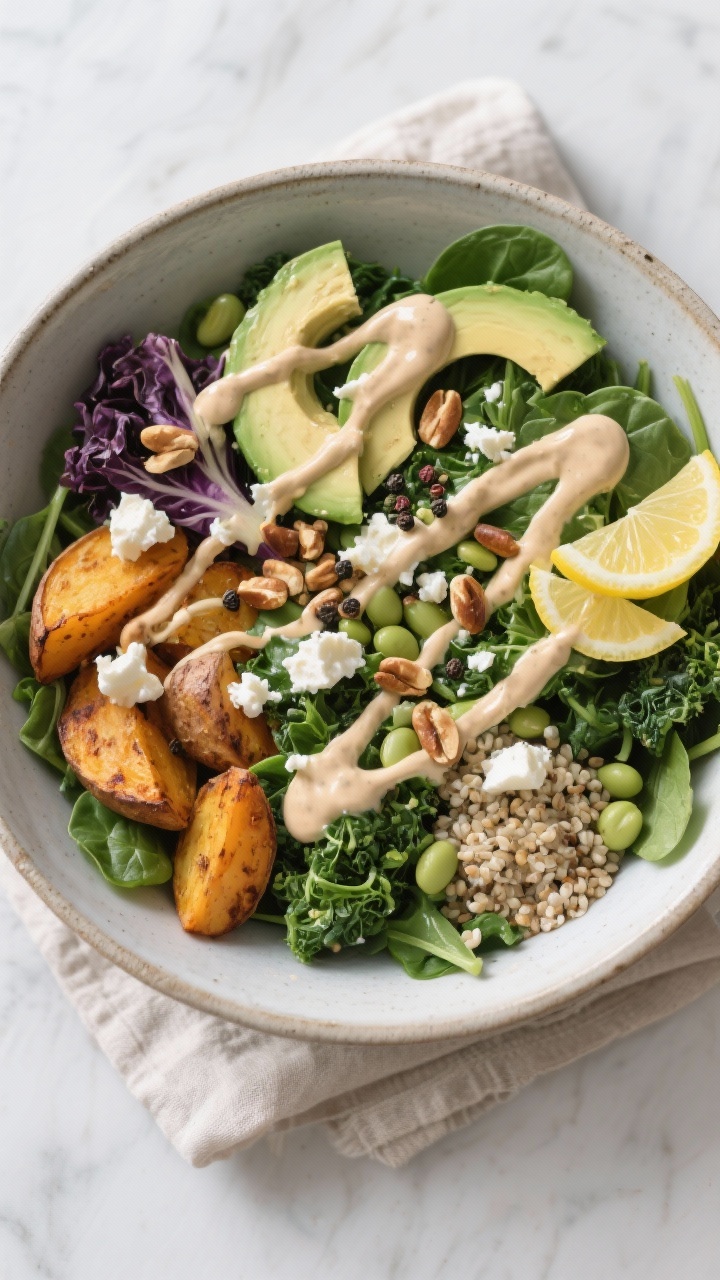 Tasty top view: Overhead-Aufnahme der fertig angerichteten Winterbowl in einer matten, weiten Kerami