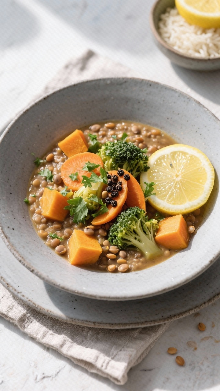 Tasty top view: Overhead-Aufnahme der finalen Schüssel Linsen-Kokos-Eintopf, sämige Textur mit deu