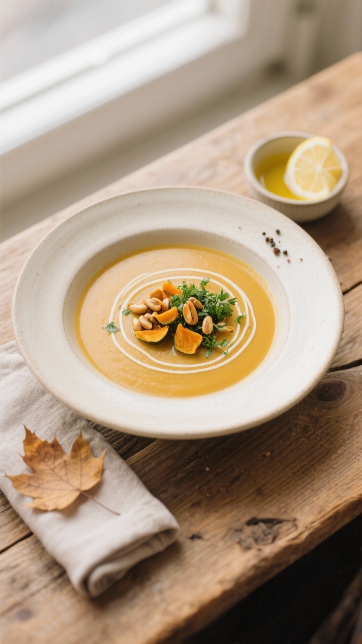 Tasty Top-View: Overhead-Aufnahme einer angerichteten Schale der Suppe, perfekt glatt gestrichen, ge