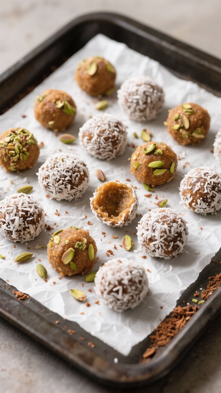 Tasty top view: Overhead shot of 16–20 finished Zimt-Kardamom-Kokos-Ladoos arranged in a neat grid