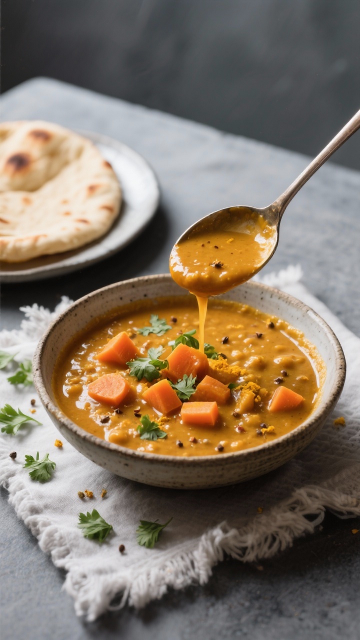 Tasty top view: Overhead shot of a cozy winter table setting featuring a ladle-full of the finished