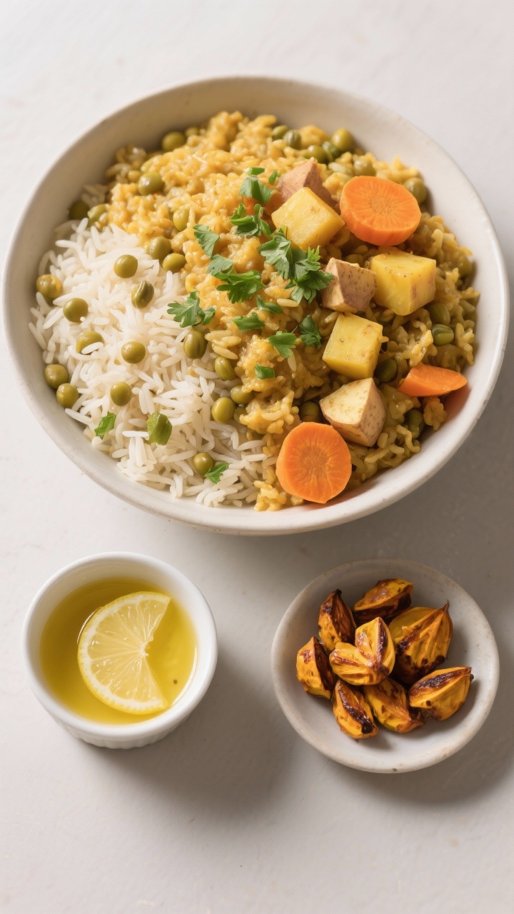 Tasty top view: Overhead shot of a generous bowl of golden Kitchari with clearly defined textures—