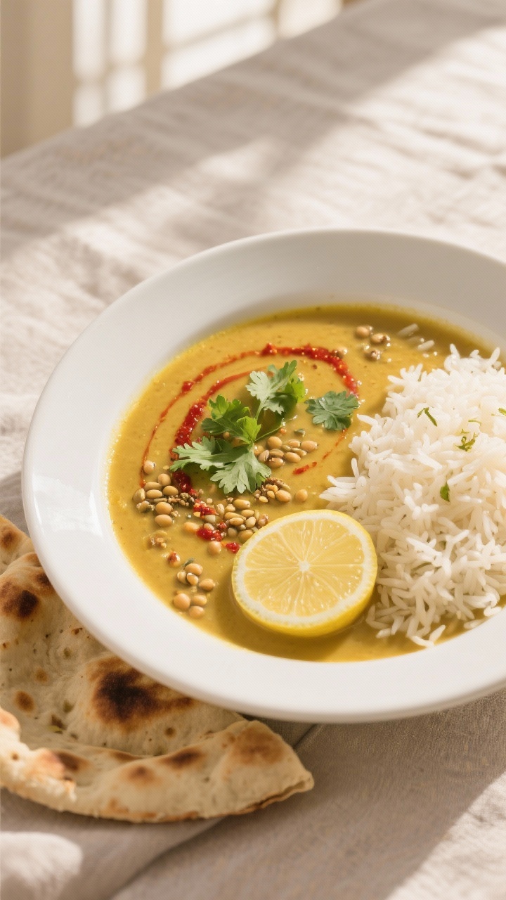 Tasty top view: Overhead shot of Ayurvedic Golden Linsensuppe in a wide, matte white bowl, finished