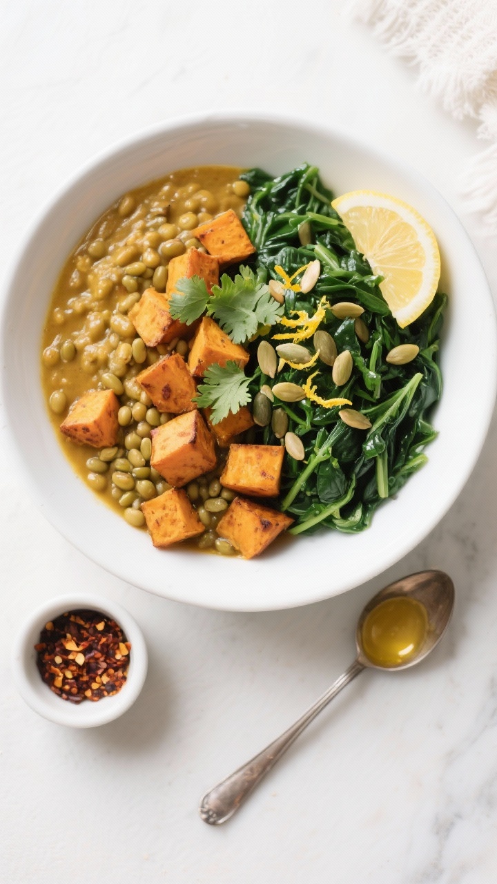 Tasty top view: Overhead shot of the assembled bowl showing distinct sections—golden mung bean ste