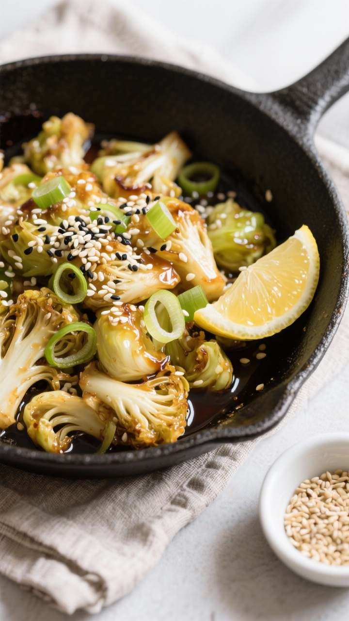 Tasty top view: Overhead shot of the finished “Gebratener Rosenkohl mit Sesam & Gewürzen” in a
