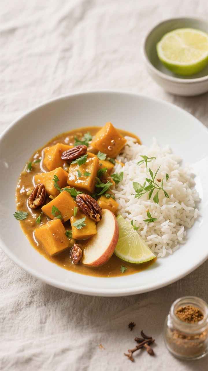 Tasty top view: Overhead shot of the finished Kürbis-Apfel-Curry served with flauschiger Basmatirei