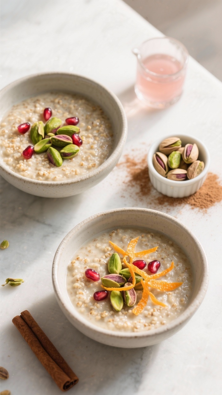 Tasty top view: Overhead shot of two cozy breakfast bowls of kardamom-millet pudding showing the cre