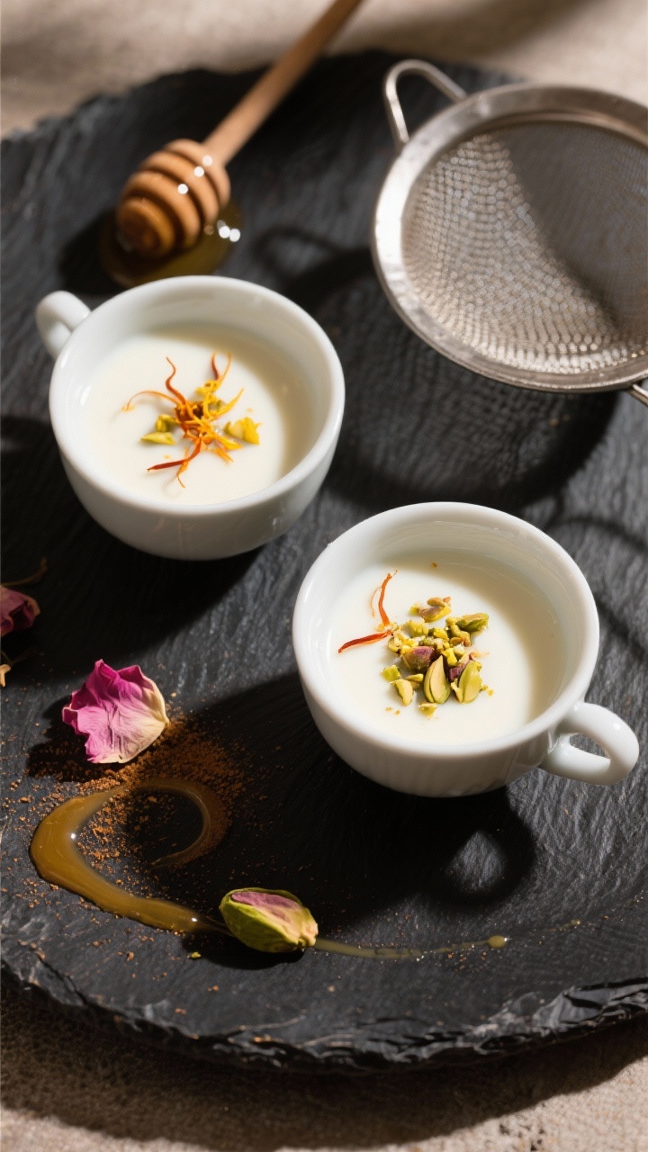 Tasty top view, plated style: Overhead shot of two small porcelain cups of saffran-kardamom-vanilla 