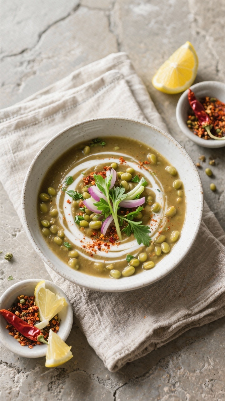 Appetitlicher Top-Down-Shot: große Schale Mungbohnen-Suppe mit Swirl aus Kokosmilch, bestreut mit P