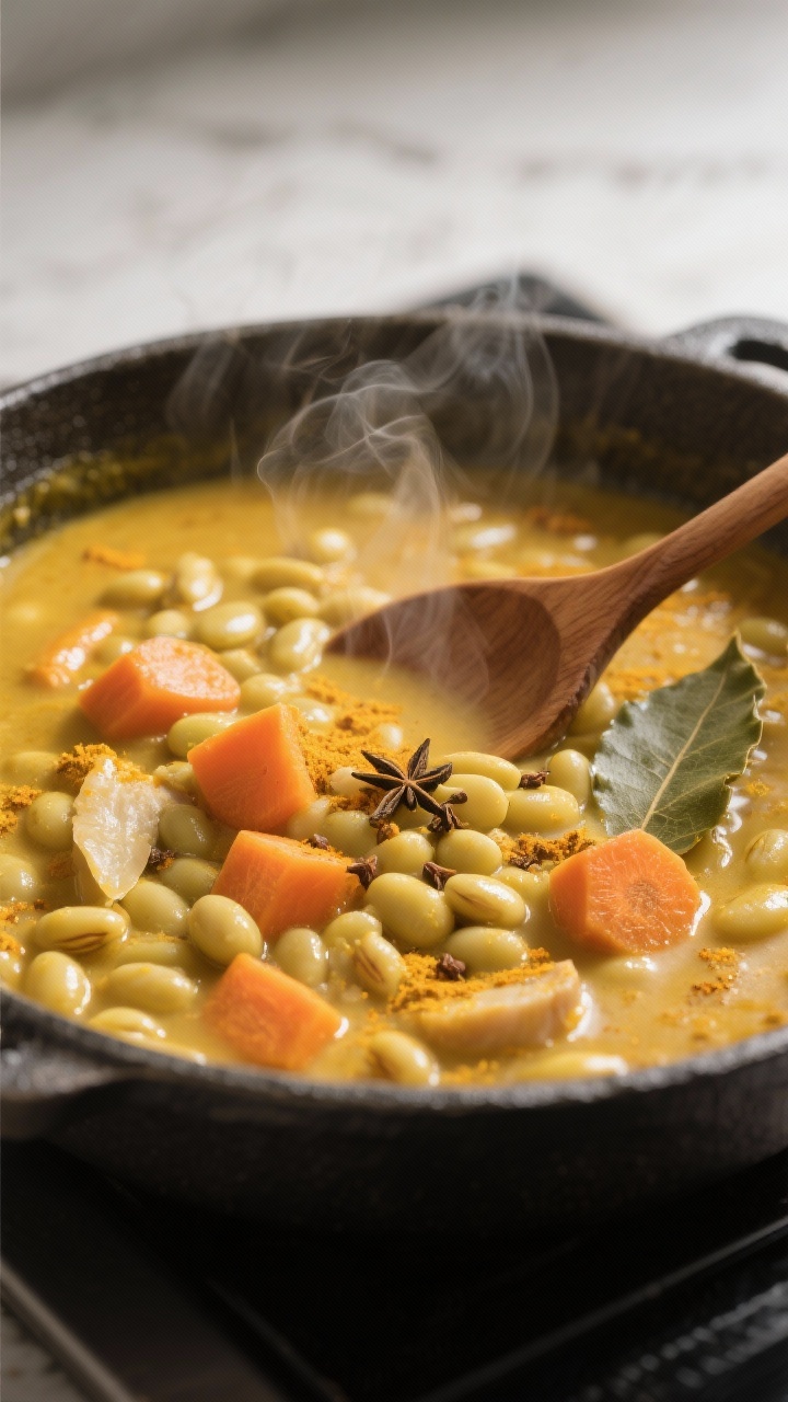 Close-up des köchelnden Mungbohnen-Eintopfs im schweren Gusseisentopf: cremig-weiche Mungbohnen in 