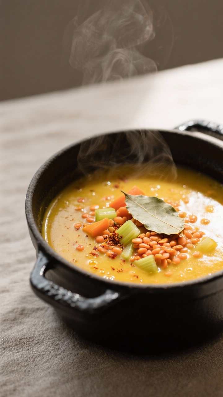 Close-up detail: A steaming pot of golden Linsensuppe in the simmer stage, showing softened red lent