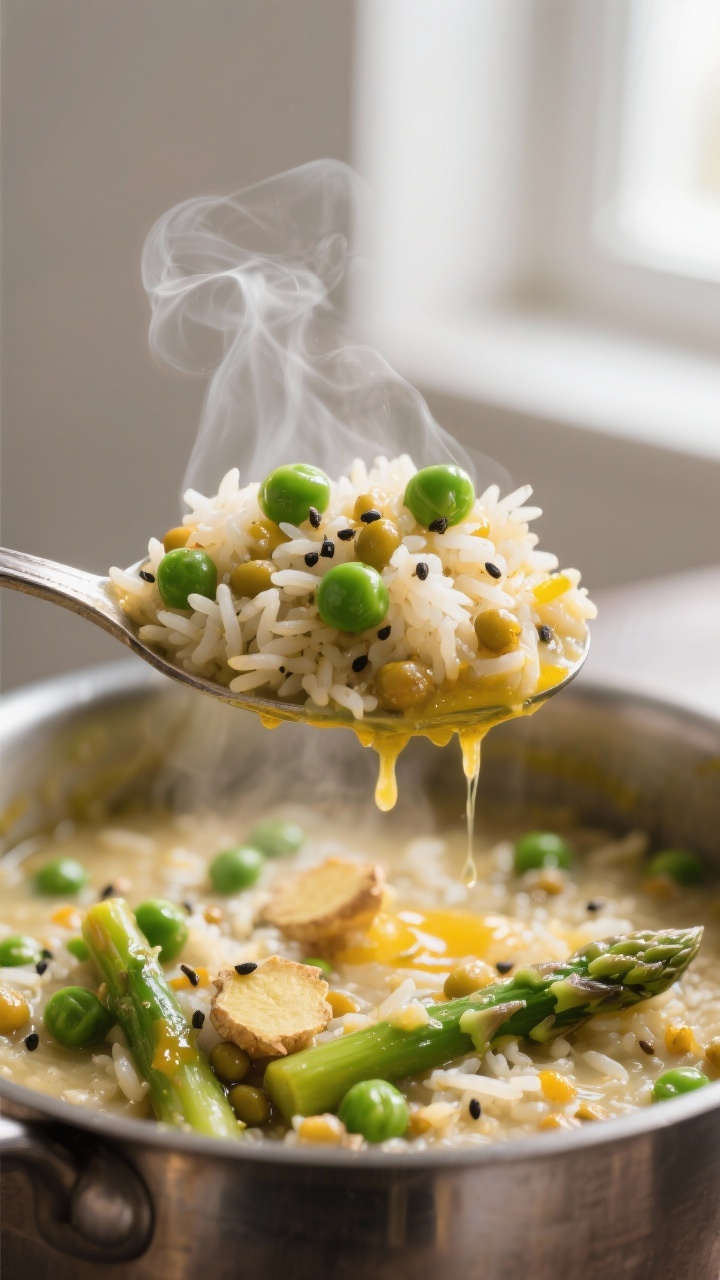 Close-up detail: A steaming spoonful of cooked Kitchari Frühlings-Style lifted from a pot, showing