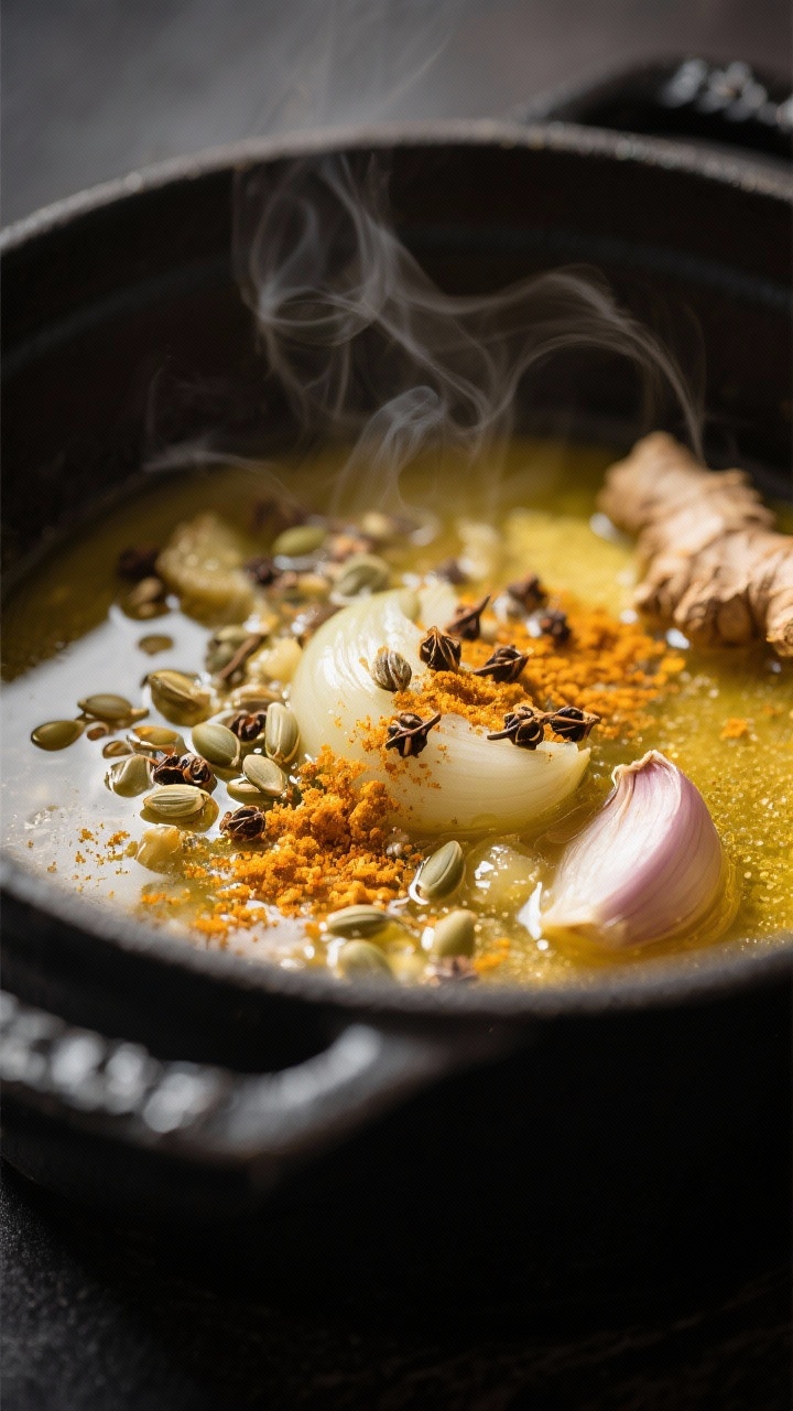 Close-up detail: Ghee-kissed spice bloom in the pot — lightly toasted Kreuzkümmelsamen with optio
