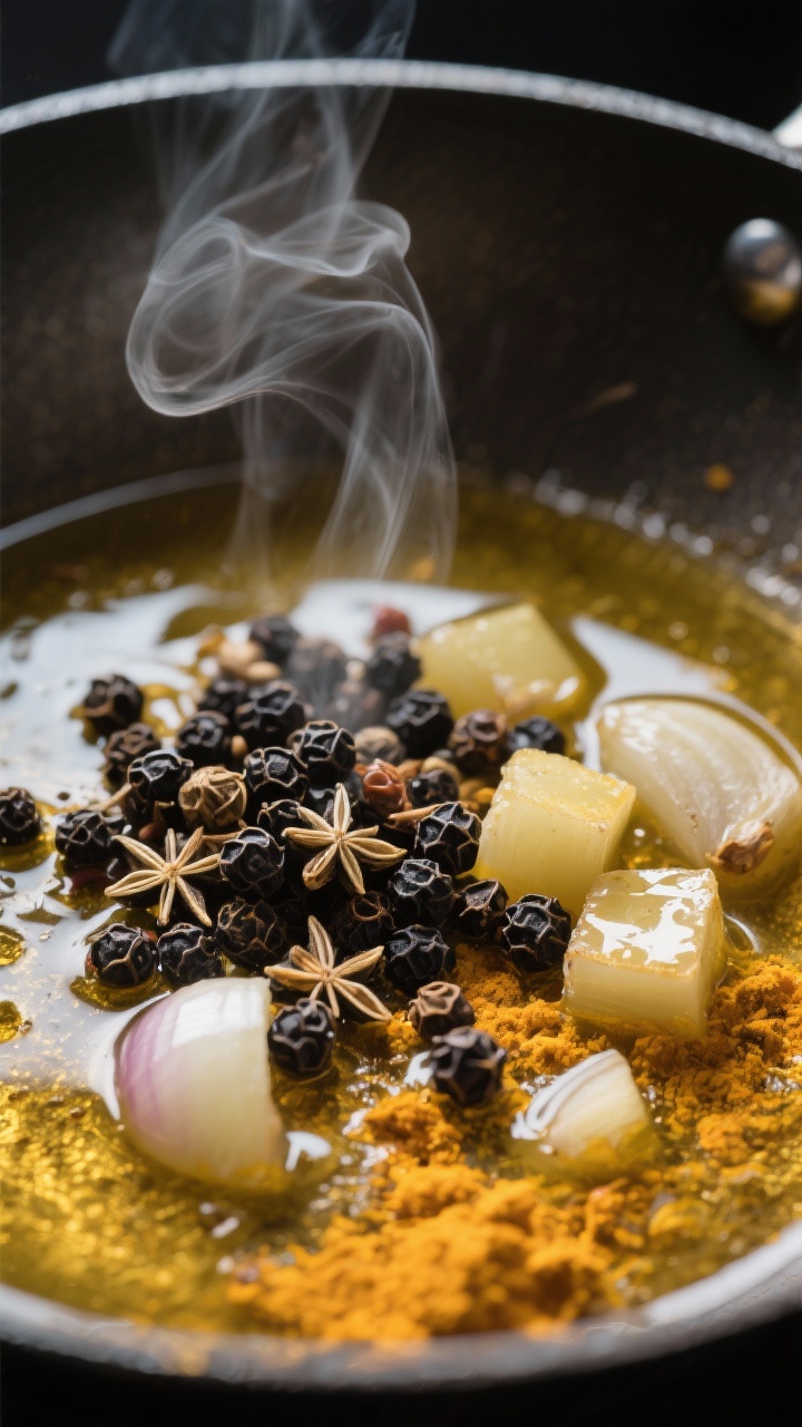 Close-up-Detail: In Ghee angeröstete Gewürze im Topf – schwarze Senfsamen, Kreuzkümmelsamen und