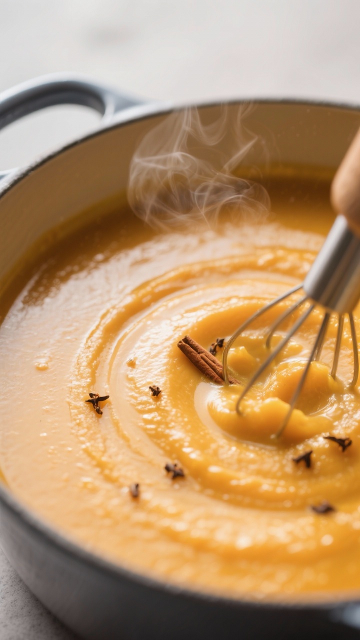 Close-up Detail – samtige Apfel-Kürbis-Suppe frisch püriert im Topf: seidig-glatte Oberfläche m