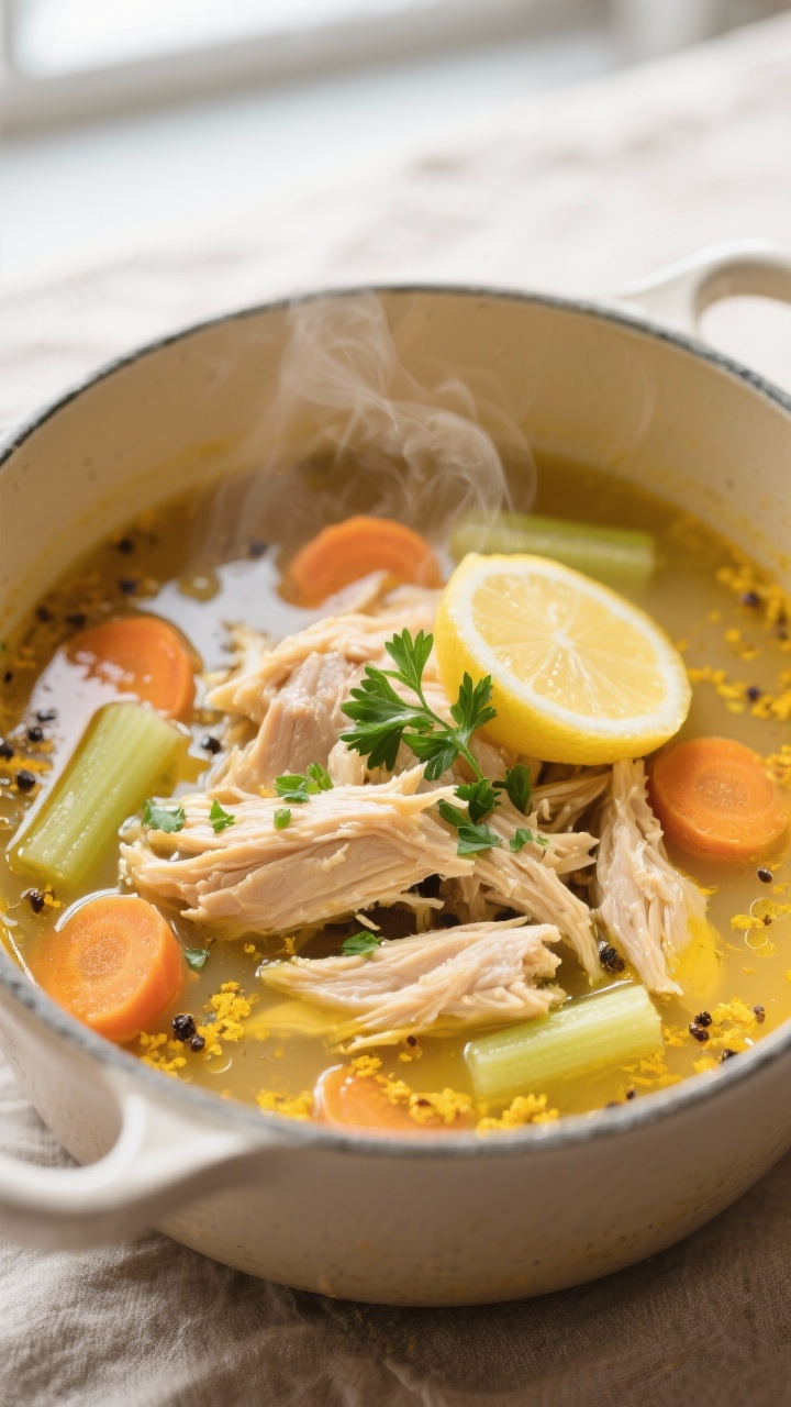 Close-up detail: Shredded, tender chicken pieces just returned to a clarified golden broth, flecks o