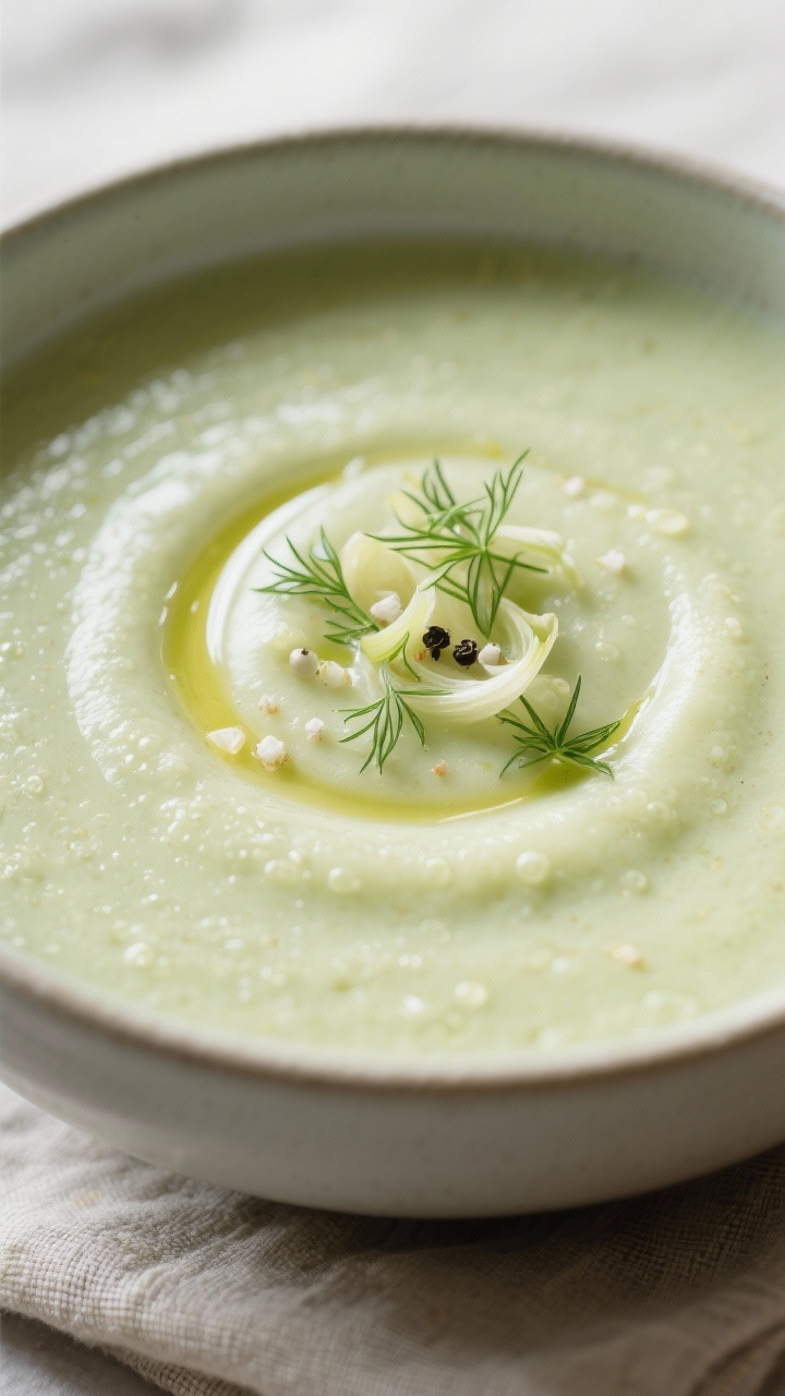 Close-up detail: Silky, blended fennel–potato soup in a bowl, ultra-creamy texture with micro-bubb