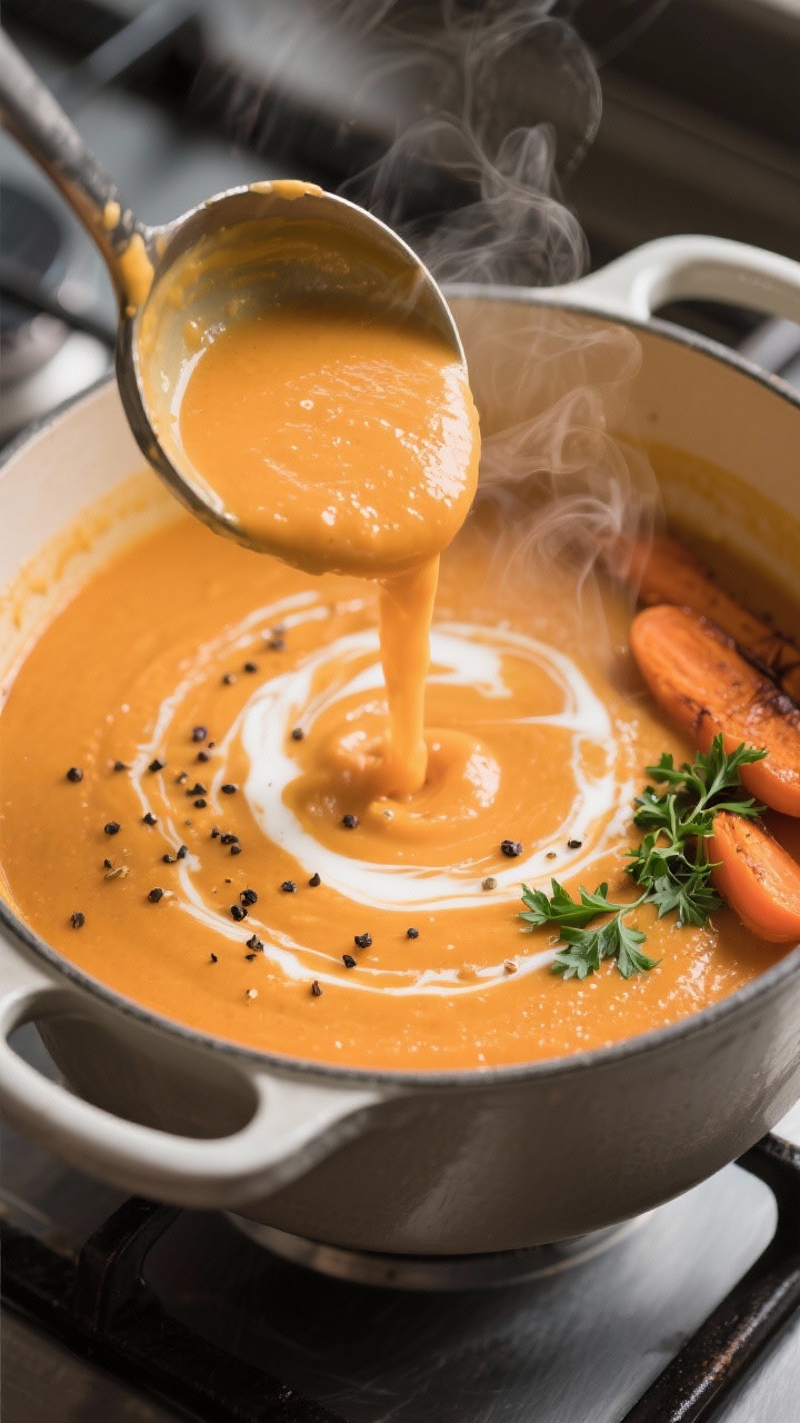 Close-up detail: Silky Ingwer-Karotten-Suppe being ladled back into the pot after blending, showing