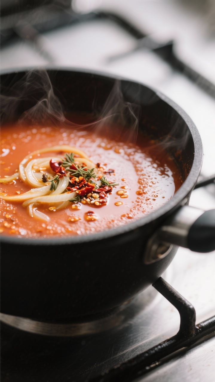 Close-up detail: Silky tomato–spice soup simmering in a matte black saucepan, visible gentle bubbl