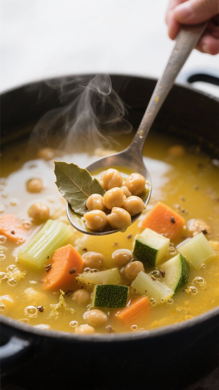 Close-up detail: Steam-kissed ladle lifting Kichererbsen-Gemüsesuppe mit Ingwer from a simmering po