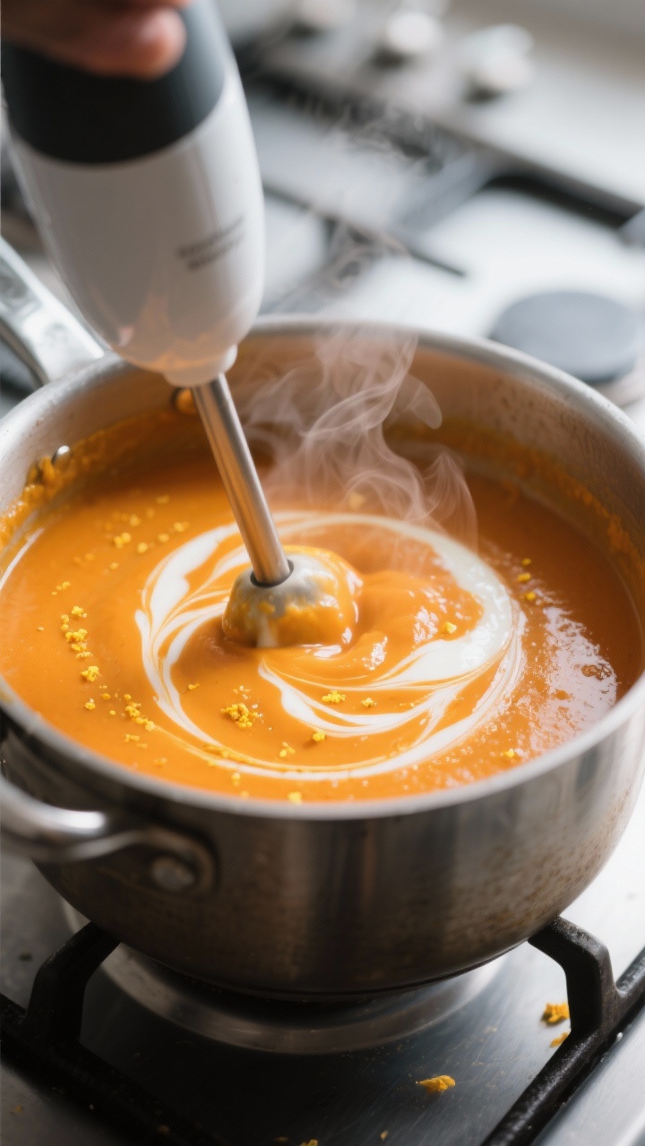 Close-up detail: Velvety Ingwer-Karotten-Suppe being blended to a silky finish in the pot with an im
