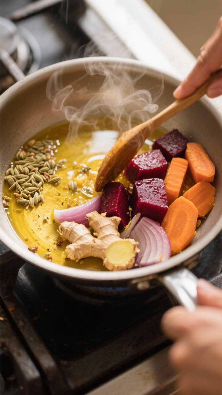 Cooking process close-up: A shallow saucepan with ghee shimmering as whole cumin and lightly crushed