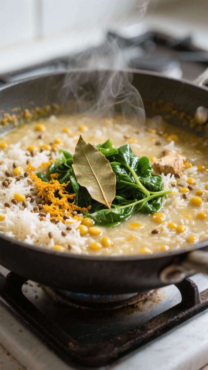 Cooking process, close-up: Close-up of kitchari-suppe simmering in a heavy pot, showing tender, spli