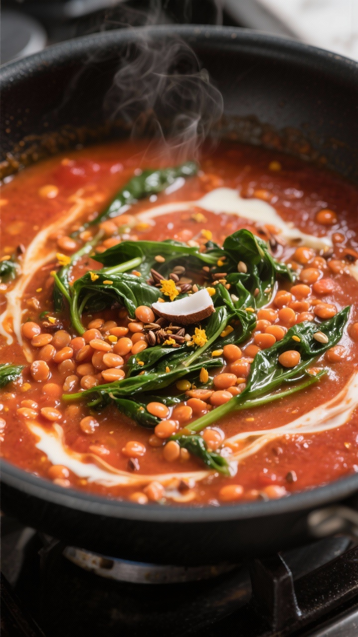 Cooking process close-up: Red lentil and tomato base simmering in a wide, matte black pot; glossy, t