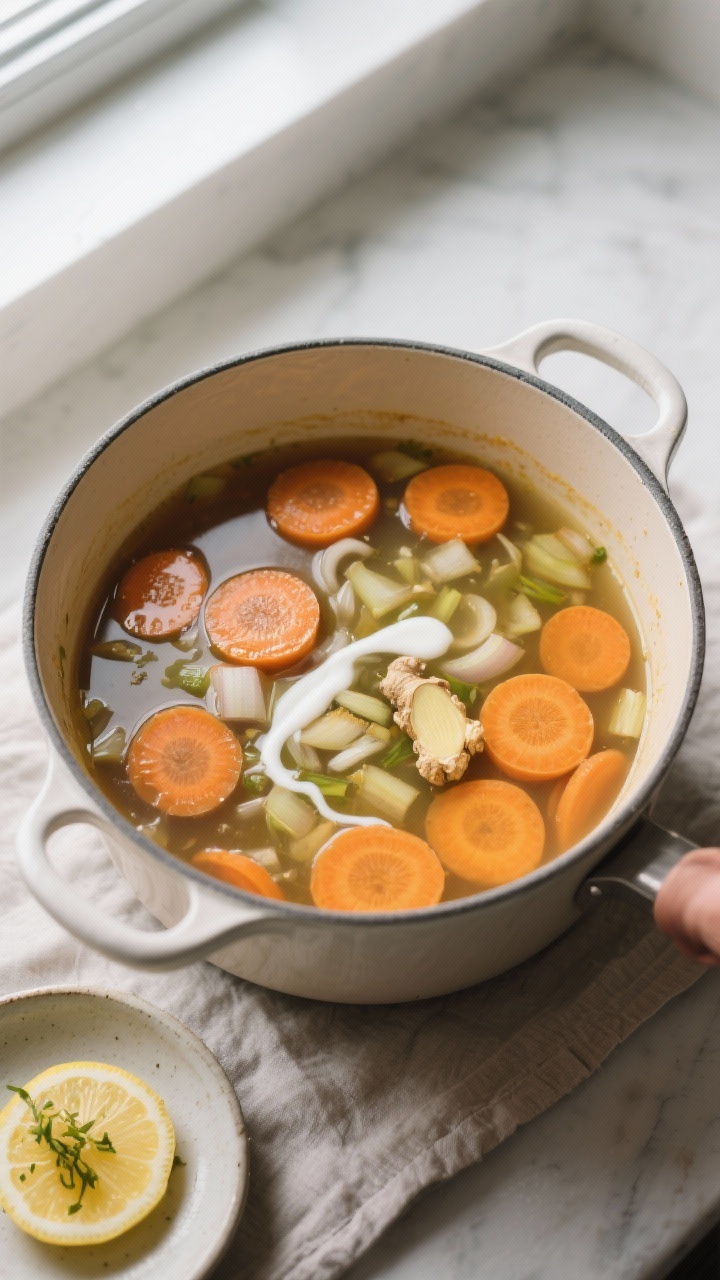 Cooking process: Overhead shot of the soup at the simmering stage right before blending—tender car