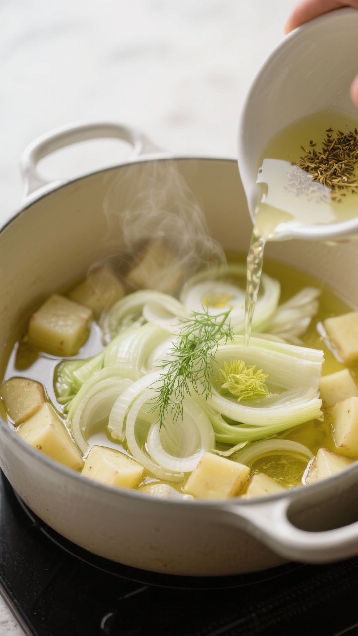 Cooking process shot: A large pot on the stove with gently sweating sliced fennel and translucent on
