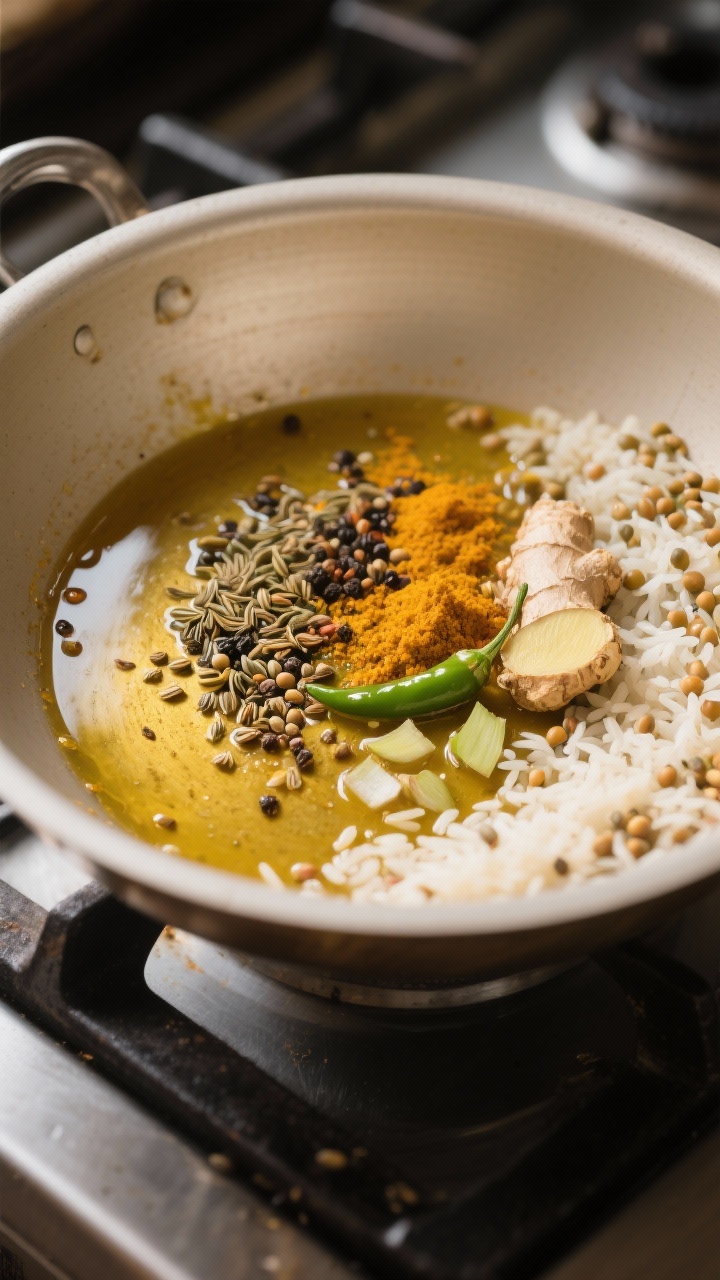 Cooking process shot: Overhead view of the “Gewürz-Tadka” stage in a wide, light-colored pot—