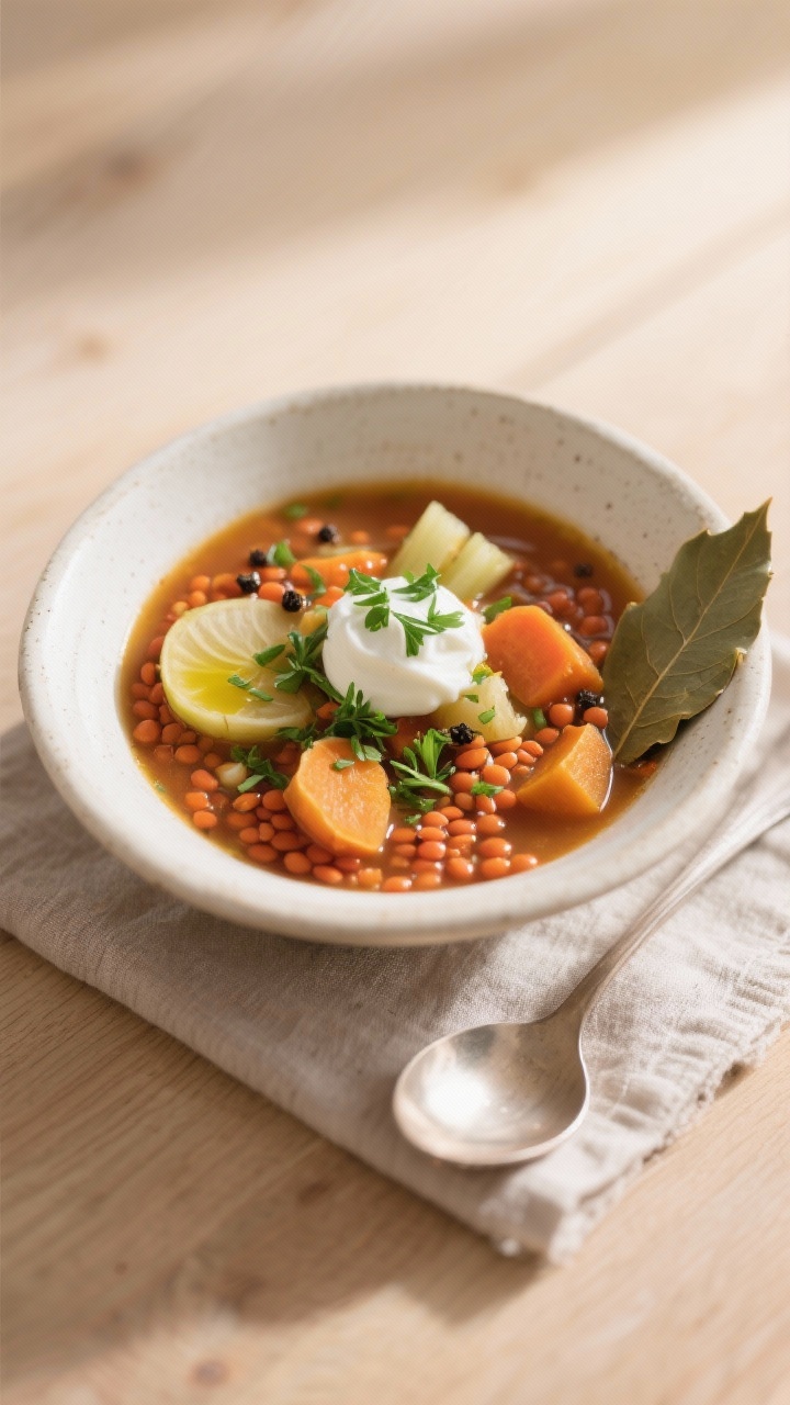 Final dish presentation: Beautifully plated Ayurveda-Winterminestrone in a wide, off-white ceramic b