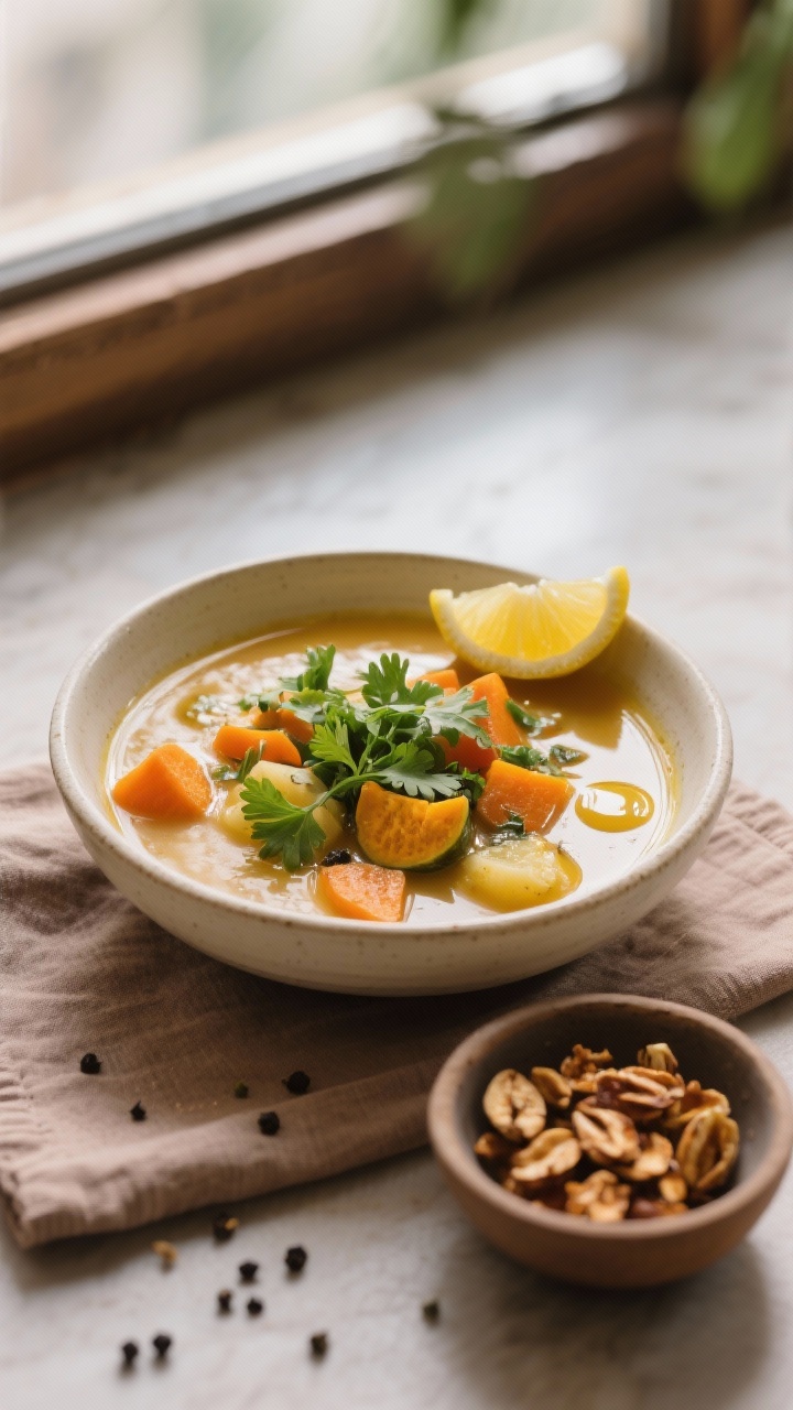 Final dish presentation: Beautifully plated ayurvedische Gemüsesuppe mit Ghee in a warm, off-white 