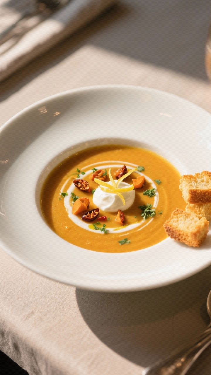 Final dish presentation: Beautifully plated Ingwer-Karotten-Suppe in a wide, shallow white bowl, glo