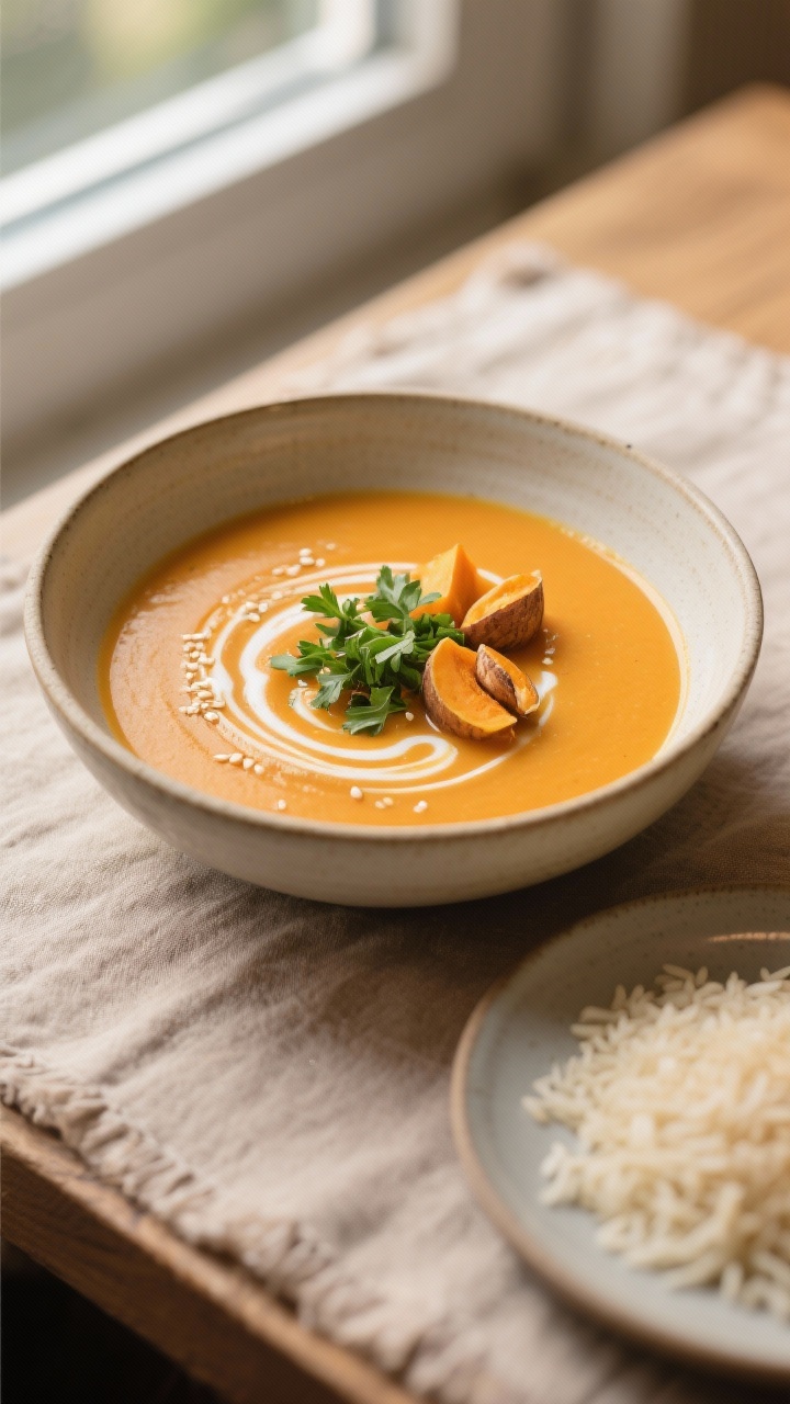Final dish presentation: Elegant angerichtete Schale vata-ausgleichende Süßkartoffelsuppe, tiefes,