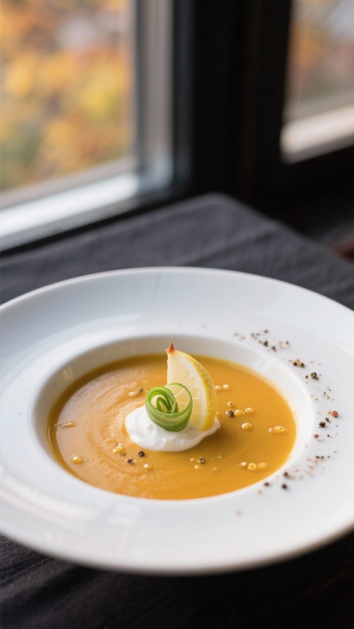 Final Dish Presentation – elegante Tellerpräsentation für ein Menü: Apfel-Kürbis-Suppe ultrasa